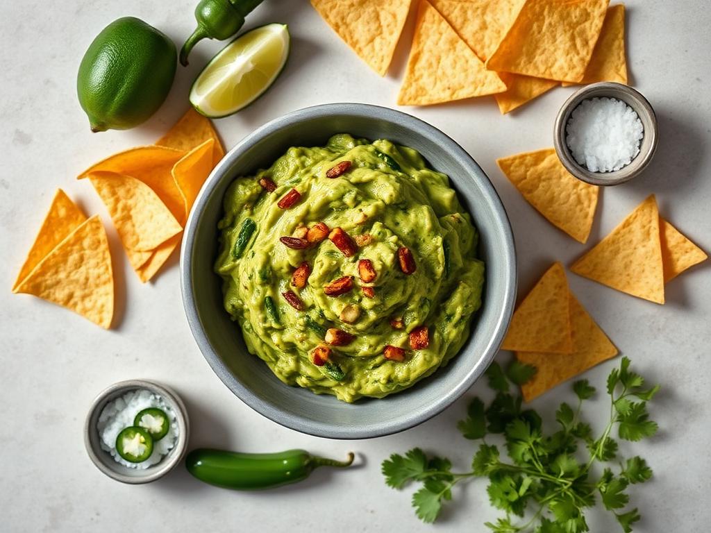 Fresh guacamole with tortilla chips, lime and cilantro